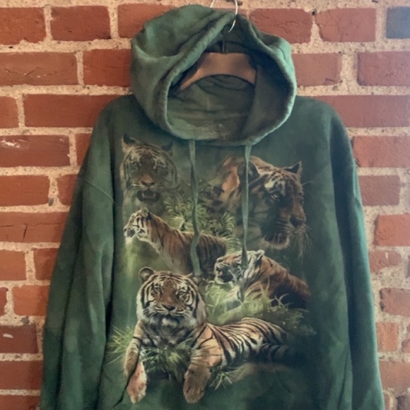 🐅 The Mountain VINTAGE Hoodie TIGERS Green Tie Dye Unisex Sweatshirt Medium - Picture 8 of 16